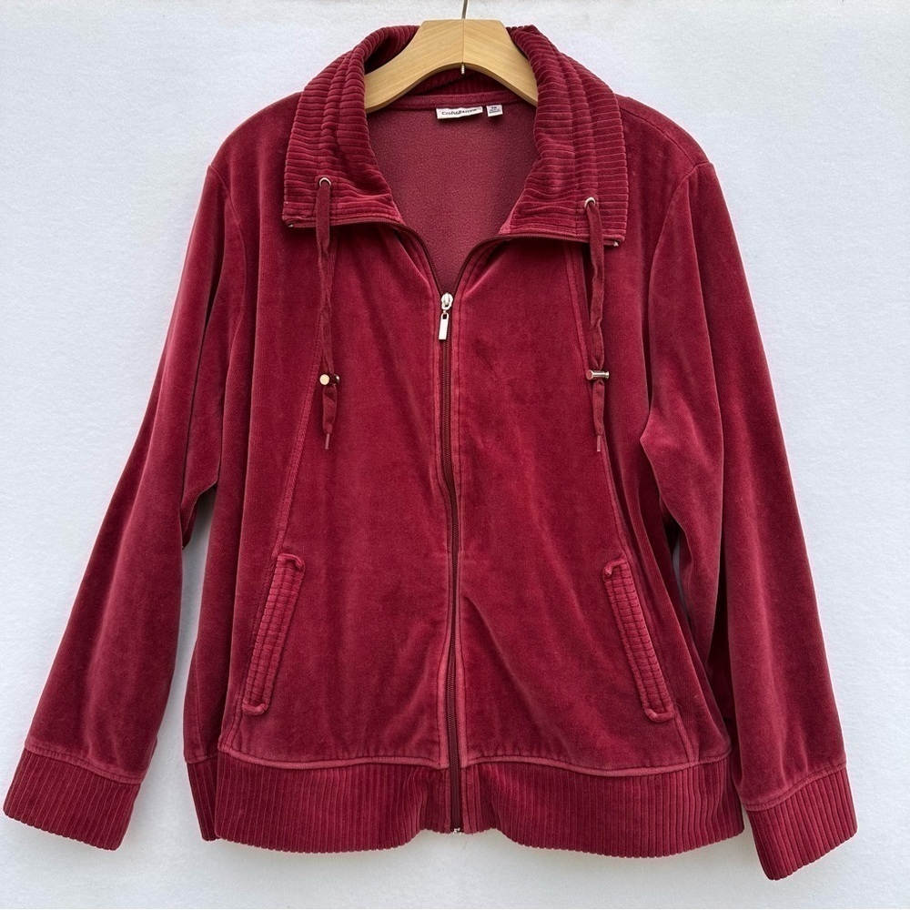 CROFT & BARROW Womens Velour Maroon Zip Front Band Waist Sweatshirt Plus Size 3X